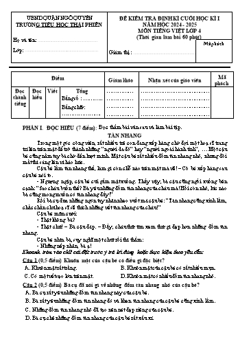 Ma trận + Đề kiểm tra định kì cuối học kì I môn Tiếng Việt Lớp 4 - Năm học 2024-2025 - Trường Tiểu học Thái Phiên (Có đáp án + File đọc)