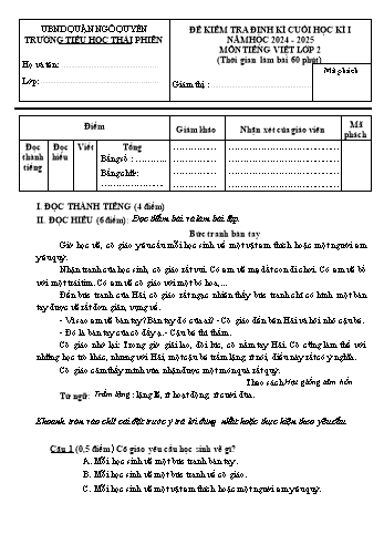 Ma trận + Đề kiểm tra định kì cuối học kì I môn Tiếng Việt Lớp 2 - Năm học 2024-2025 - Trường Tiểu học Thái Phiên (Có đáp án + File đọc)