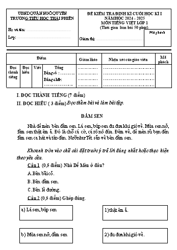 Ma trận + Đề kiểm tra định kì cuối học kì I năm học 2024-2025 môn Tiếng Việt Lớp 1 - Trường Tiểu học Thái Phiên (Có đáp án + File đọc)