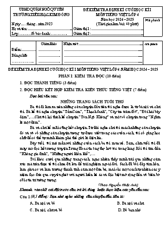 Ma trận + Đề kiểm tra định kì cuối học kỳ I môn Tiếng Việt Lớp 4 - Năm học 2024-2025 - Trường Tiểu học Kim Đồng (Có đáp án + File đọc)