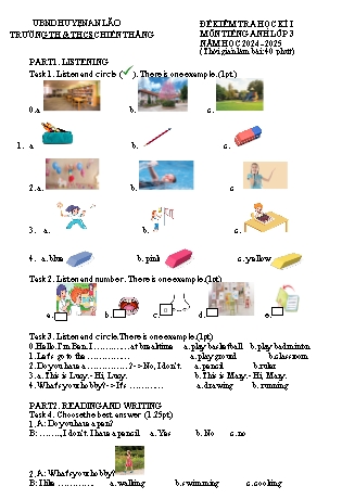 Ma trận + Đề kiểm tra học kì I môn Tiếng Anh Lớp 3 - Năm học 2024-2025 - Trường TH&THCS Chiến Thắng (Có đáp án + File nghe)