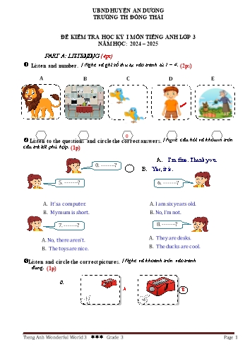 Ma trận + Đề kiểm tra học kì I môn Tiếng Anh Lớp 3 (Wonderful World) - Năm học 2024-2025 - Trường Tiểu học Đồng Thái (Có đáp án + File nghe)