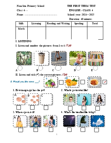 Ma trận + Đề kiểm tra học kì I môn Tiếng Anh Lớp 4 - Năm học 2024-2025 - Trường Tiểu học Nam Sơn (Có đáp án + File nghe)