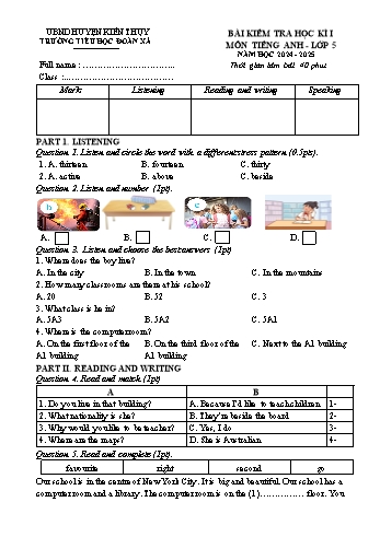 Ma trận + Đề kiểm tra học kì I môn Tiếng Anh Lớp 5 - Năm học 2024-2025 - Trường Tiểu học Đoàn Xá (Có đáp án + File nghe)