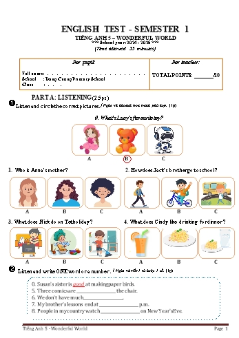 Ma trận + Đề kiểm tra học kì I môn Tiếng Anh Lớp 5 (Wonderful World ) - Năm học 2024-2025 - Trường Tiểu học Đặng Cương (Có đáp án + File nghe)