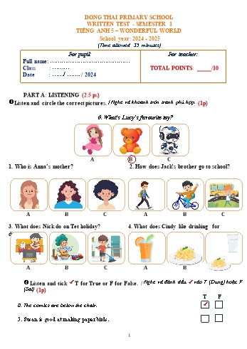 Ma trận + Đề kiểm tra học kì I môn Tiếng Anh Lớp 5 (Wonderful World )- Năm học 2024-2025 - Trường Tiểu học Đồng Thái (Có đáp án + File nghe)