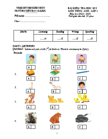 Ma trận + Đề kiểm tra học kỳ I môn Tiếng Anh Lớp 1 - Năm học 2024-2025 - Trường Tiểu học Đại Hà (Có đáp án + File nghe)