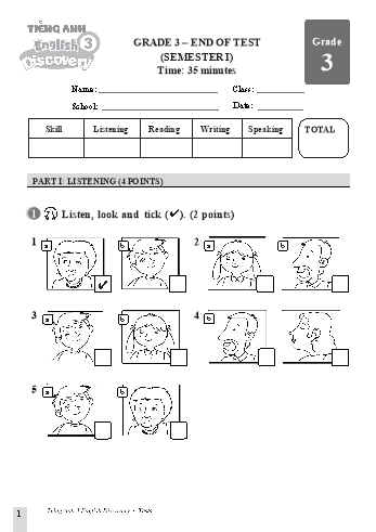 Ma trận + Đề kiểm tra học kỳ I môn Tiếng Anh Lớp 3 (Discovery) - Năm học 2024-2025 - Trường Tiểu học Mỹ Đồng (Có đáp án + File nghe)