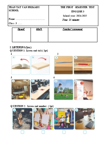 Ma trận + Đề kiểm tra học kỳ I môn Tiếng Anh Lớp 3 - Năm học 2024-2025 - Trường Tiểu học Trần Tất Văn (Có đáp án + File nghe)