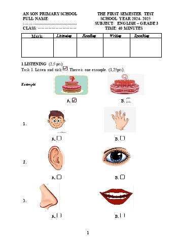 Ma trận + Đề kiểm tra học kỳ I môn Tiếng Anh Lớp 3 - Năm học 2024-2025 - Trường Tiểu học An Sơn (Có đáp án + File nghe)