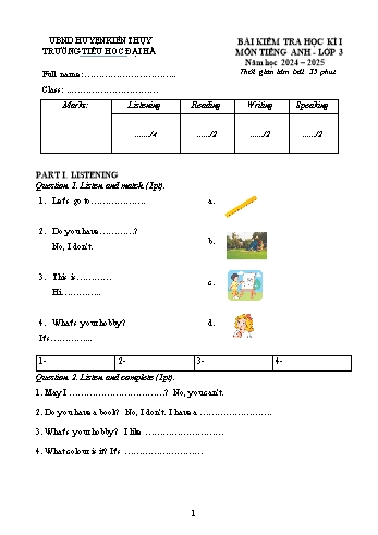 Ma trận + Đề kiểm tra học kỳ I môn Tiếng Anh Lớp 3 - Năm học 2024-2025 - Trường Tiểu học Đại Hà (Có đáp án + File nghe)