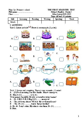 Ma trận + Đề kiểm tra học kỳ I môn Tiếng Anh Lớp 3 - Năm học 2024-2025 - Trường Tiểu học Phục Lễ (Có đáp án + File nghe)