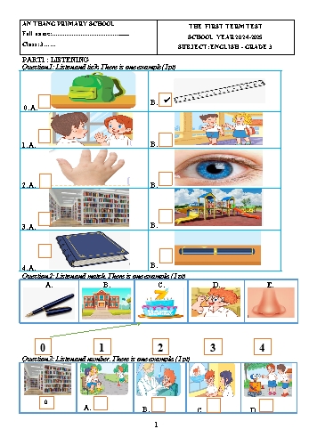 Ma trận + Đề kiểm tra học kỳ I môn Tiếng Anh Lớp 3 - Năm học 2024-2025 - Trường Tiểu học An Thắng (Có đáp án + File nghe)