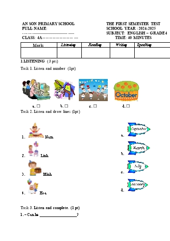 Ma trận + Đề kiểm tra học kỳ I môn Tiếng Anh Lớp 4 - Năm học 2024-2025 - Trường Tiểu học An Sơn (Có đáp án + File nghe)