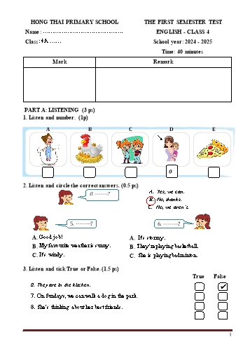 Ma trận + Đề kiểm tra học kỳ I môn Tiếng Anh Lớp 4 - Năm học 2024-2025 - Trường Tiểu học Hồng Thái (Có đáp án + File nghe)