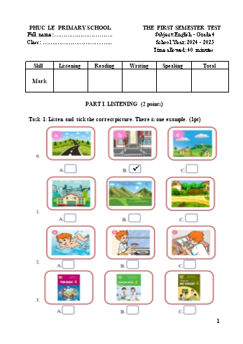 Ma trận + Đề kiểm tra học kỳ I môn Tiếng Anh Lớp 4 - Năm học 2024-2025 - Trường Tiểu học Phục Lễ (Có đáp án + File nghe)