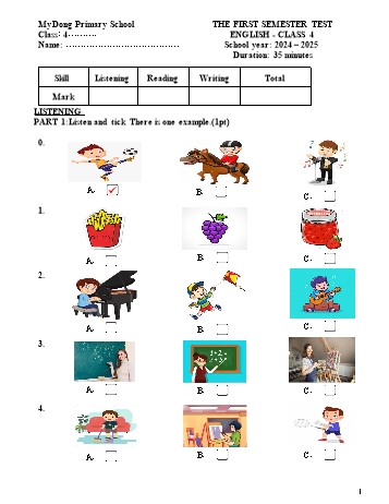 Ma trận + Đề kiểm tra học kỳ I môn Tiếng Anh Lớp 4 - Năm học 2024-2025 - Trường Tiểu học Mỹ Đồng (Có đáp án + File nghe)