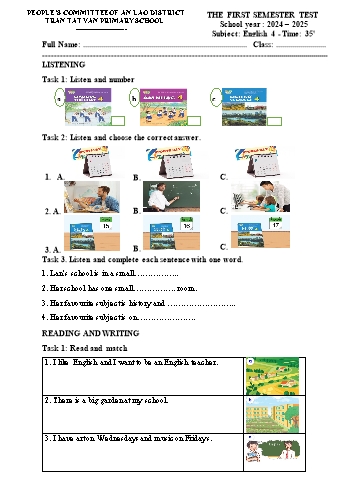 Ma trận + Đề kiểm tra học kỳ I môn Tiếng Anh Lớp 4 - Năm học 2024-2025 - Trường Tiểu học Trần Tất Văn (Có đáp án + File nghe)