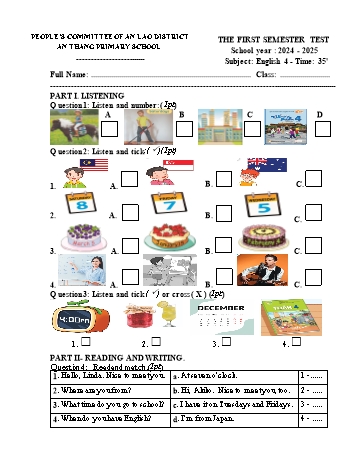 Ma trận + Đề kiểm tra học kỳ I môn Tiếng Anh Lớp 4 - Năm học 2024-2025 - Trường Tiểu học An Thắng (Có đáp án + File nghe)