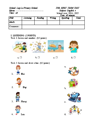 Ma trận + Đề kiểm tra học kỳ I môn Tiếng Anh Lớp 4 - Năm học 2024-2025 - Trường Tiểu học Lập Lễ (Có đáp án + File nghe)