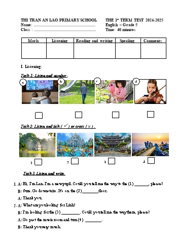 Ma trận + Đề kiểm tra học kỳ I môn Tiếng Anh Lớp 5 - Năm học 2024-2025 - Trường Tiểu học Thị trấn An Lão (Có đáp án + File nghe)