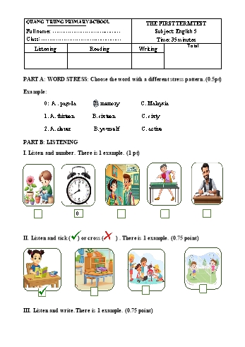 Ma trận + Đề kiểm tra học kỳ I môn Tiếng Anh Lớp 5 - Năm học 2024-2025 - Trường Tiểu học Quang Trung (Có đáp án + File nghe)