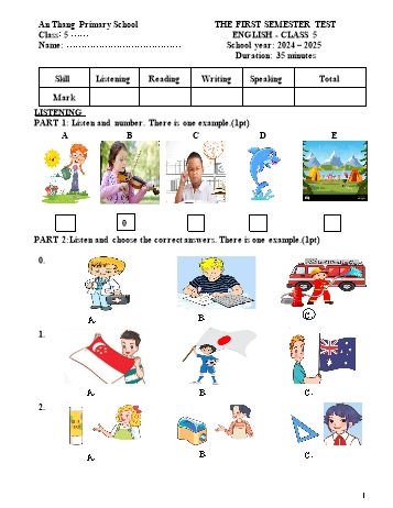 Ma trận + Đề kiểm tra học kỳ I môn Tiếng Anh Lớp 5 - Năm học 2024-2025 - Trường Tiểu học An Thắng (Có đáp án + File nghe)