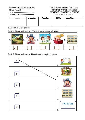 Ma trận + Đề kiểm tra học kỳ I môn Tiếng Anh Lớp 5 - Năm học 2024-2025 - Trường Tiểu học An Sơn (Có đáp án + File nghe)