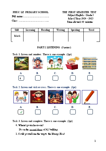 Ma trận + Đề kiểm tra học kỳ I môn Tiếng Anh Lớp 5 - Năm học 2024-2025 - Trường Tiểu học Phục Lễ (Có đáp án + File nghe)