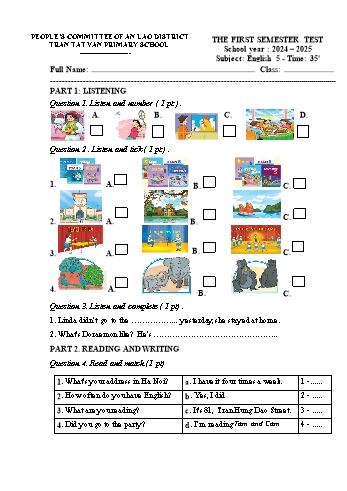 Ma trận + Đề kiểm tra học kỳ I môn Tiếng Anh Lớp 5 - Năm học 2024-2025 - Trường Tiểu học Trần Tất Văn (Có đáp án + File nghe)