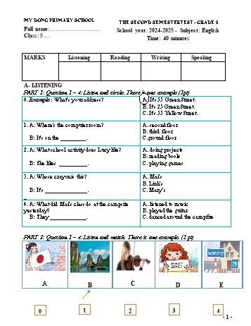 Ma trận + Đề kiểm tra học kỳ I môn Tiếng Anh Lớp 5 - Năm học 2024-2025 - Trường Tiểu học Mỹ Đồng (Có đáp án + File nghe)