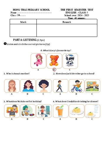 Ma trận + Đề kiểm tra học kỳ I môn Tiếng Anh Lớp 5 - Năm học 2024-2025 - Trường Tiểu học Hồng Thái (Có đáp án + File nghe)