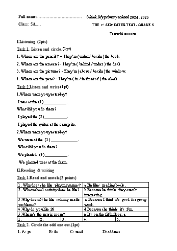 Ma trận + Đề kiểm tra học kỳ I môn Tiếng Anh Lớp 5 - Năm học 2024-2025 - Trường Tiểu học Chính Mỹ (Có đáp án + File nghe)