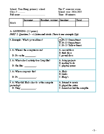 Ma trận + Đề kiểm tra học kỳ I môn Tiếng Anh Lớp 5 - Năm học 2024-2025 - Trường Tiểu học Tam Hưng (Có đáp án + File nghe)