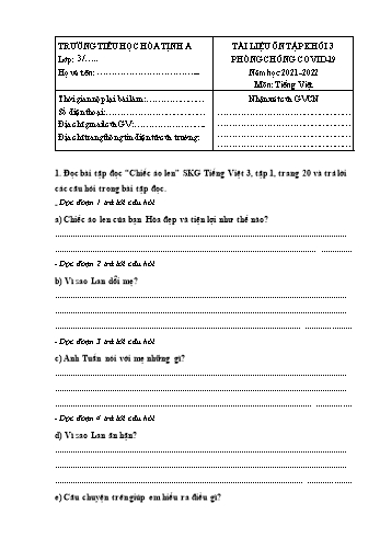 Tài liệu ôn tập Covid 19 Tiếng Việt Khối 3 - Năm học 2021-2022 - Trường Tiểu học Hòa Tịnh A (Có đáp án)