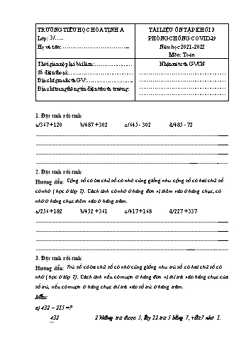 Tài liệu ôn tập Covid 19 Toán Khối 3 - Năm học 2021-2022 - Trường Tiểu học Hòa Tịnh A (Có đáp án)