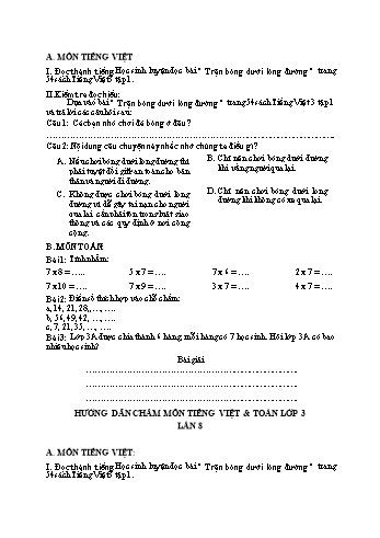 Tài liệu ôn tập môn Toán & Tiếng Việt Lớp 3 - Lần 8 (Có đáp án)