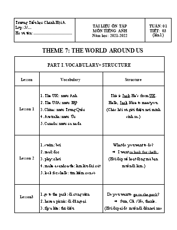 Tài liệu ôn tập Tiếng Anh Lớp 5 - Theme 7 + 8 - Năm học 2021-2022 - Trường Tiểu học Chánh Hội A (Có đáp án)