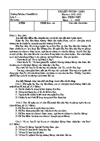 Tài liệu ôn tập Tiếng Việt Lớp 4 - Lần 1 - Năm học 2021-2022 - Trường Tiểu học Chánh Hội A (Có đáp án)
