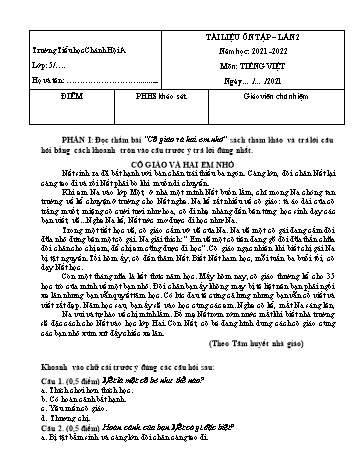 Tài liệu ôn tập Tiếng Việt Lớp 5 - Lần 2 - Năm học 2021-2022 - Trường Tiểu học Chánh Hội A (Có đáp án)