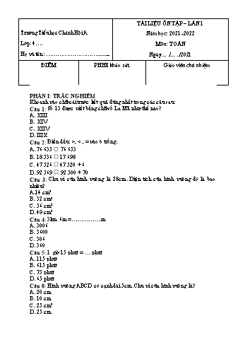 Tài liệu ôn tập Toán Lớp 4 - Lần 1 - Năm học 2021-2022 - Trường Tiểu học Chánh Hội A (Có đáp án)