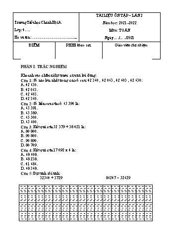 Tài liệu ôn tập Toán Lớp 4 - Lần 2 - Năm học 2021-2022 - Trường Tiểu học Chánh Hội A (Có đáp án)
