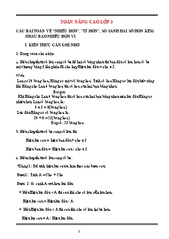 Tổng hợp 23 Bài toán nâng cao lớp 3 - Các bài toán về “nhiều hơn”, “ít hơn”, so sánh hai số hơn kém nhau bao nhiêu đơn vị